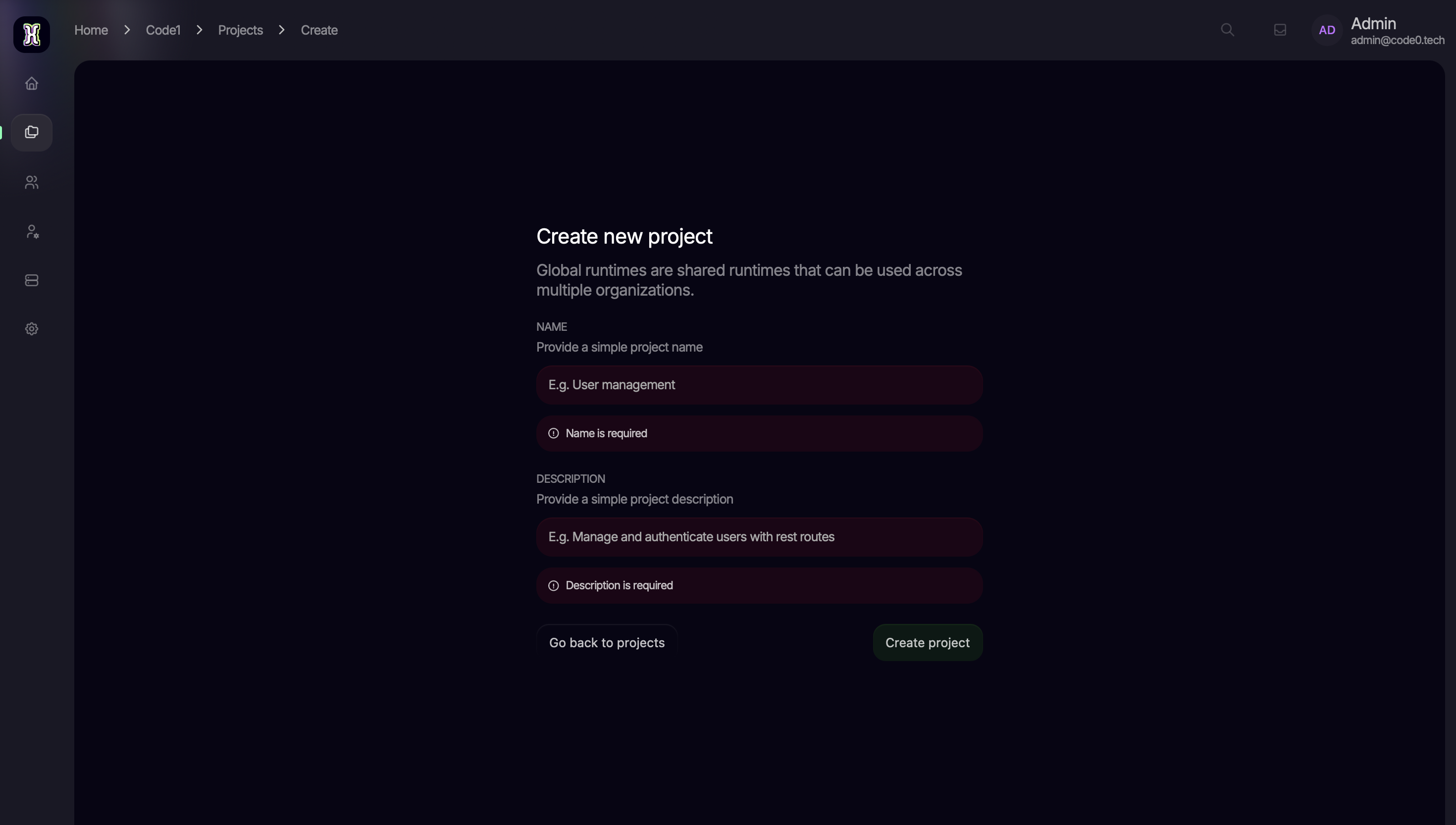 Create project in CodeZero